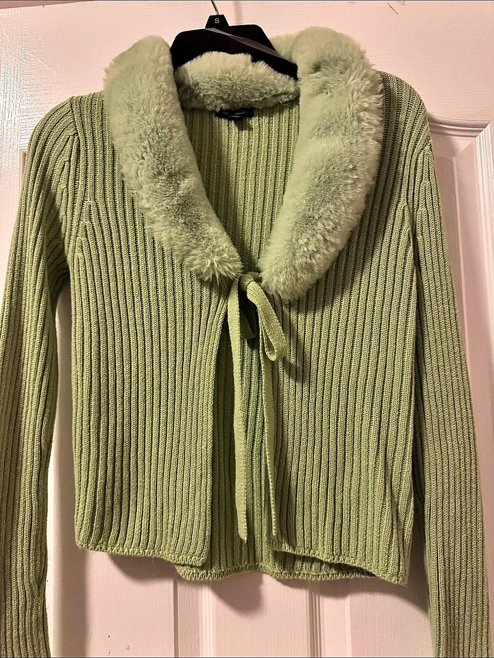 White Stag Green Faux Fur Collar Cardigan Like New